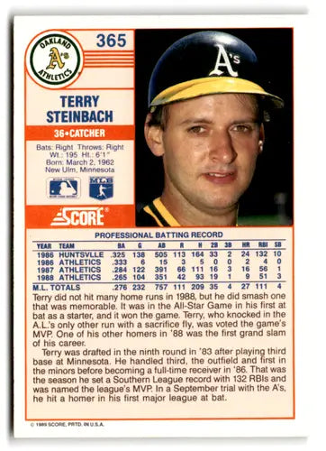 1989 Score #365 Terry Steinbach EX/NM Athletics ID:66786 - Baseball Card Single