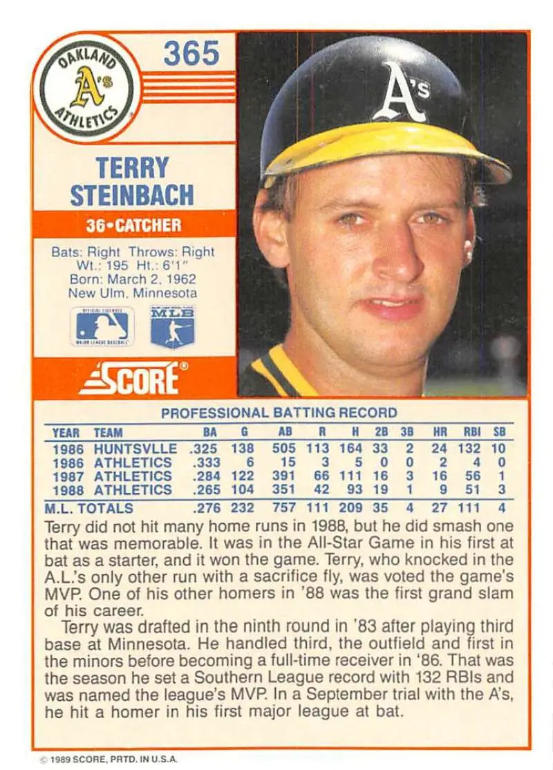 1989 Score #365 Terry Steinbach NM-MT Oakland Athletics Baseball Card - Baseball Card Single