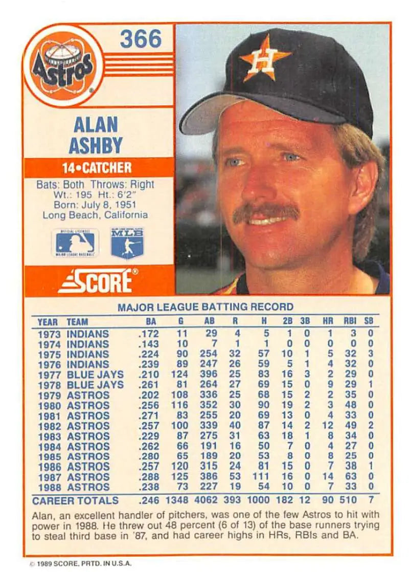 1989 Score #366 Alan Ashby NM-MT Houston Astros Baseball Card - Baseball Card Single