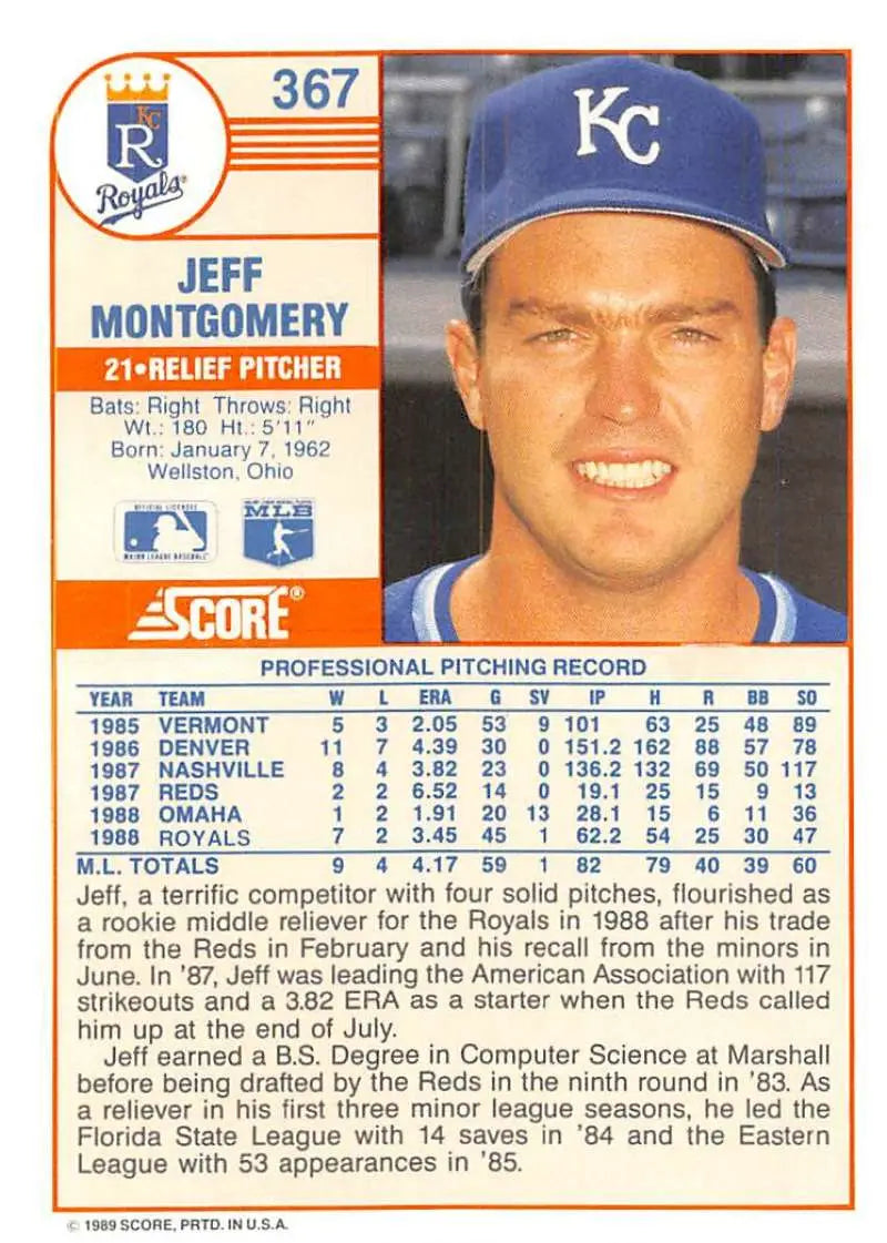 1989 Score #367 Jeff Montgomery NM-MT Kansas City Royals Baseball Card - Baseball Card Single