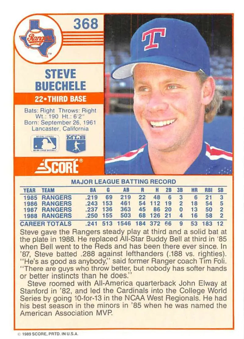 1989 Score #368 Steve Buechele NM-MT Texas Rangers Baseball Card - Baseball Card Single