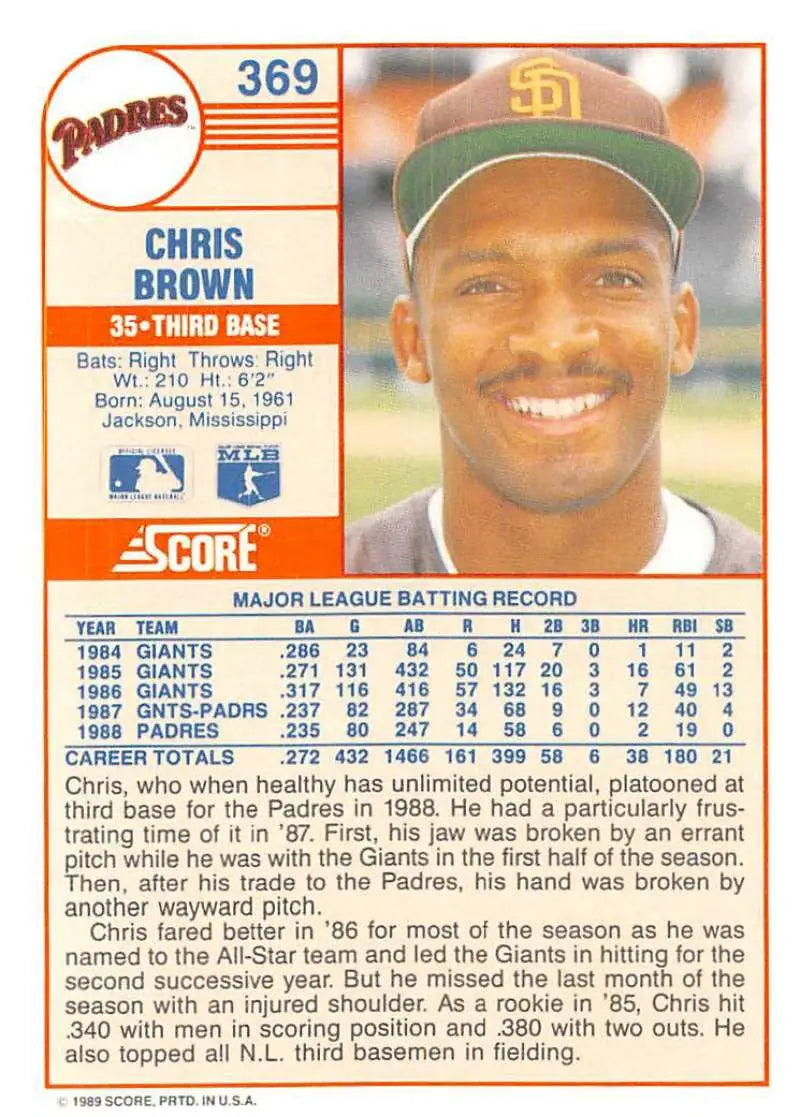 1989 Score #369 Chris Brown NM-MT San Diego Padres Baseball Card - Baseball Card Single