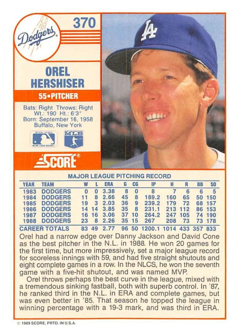 1989 Score #370 Orel Hershiser NM-MT Los Angeles Dodgers Baseball Card - Baseball Card Single