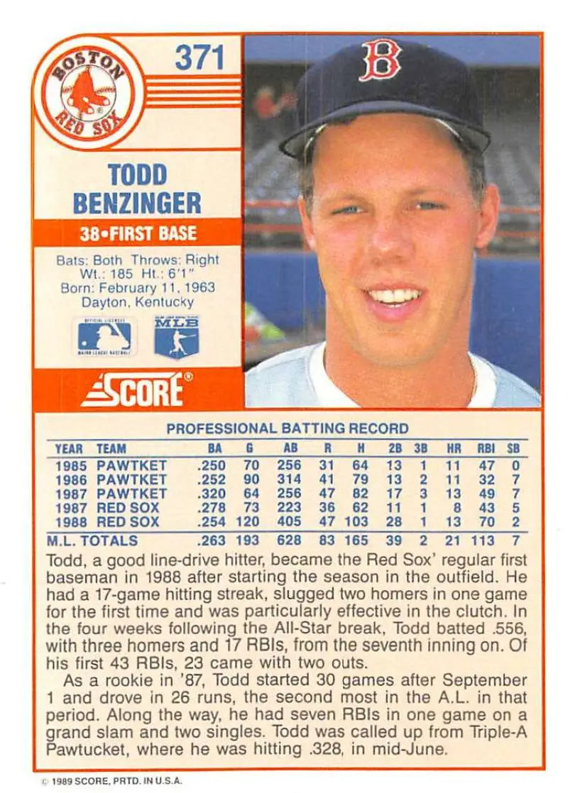 1989 Score #371 Todd Benzinger NM-MT Boston Red Sox Baseball Card - Baseball Card Single