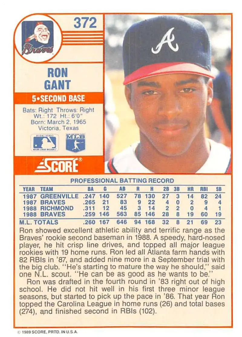 1989 Score #372 Ron Gant NM-MT Atlanta Braves Baseball Card - Baseball Card Single