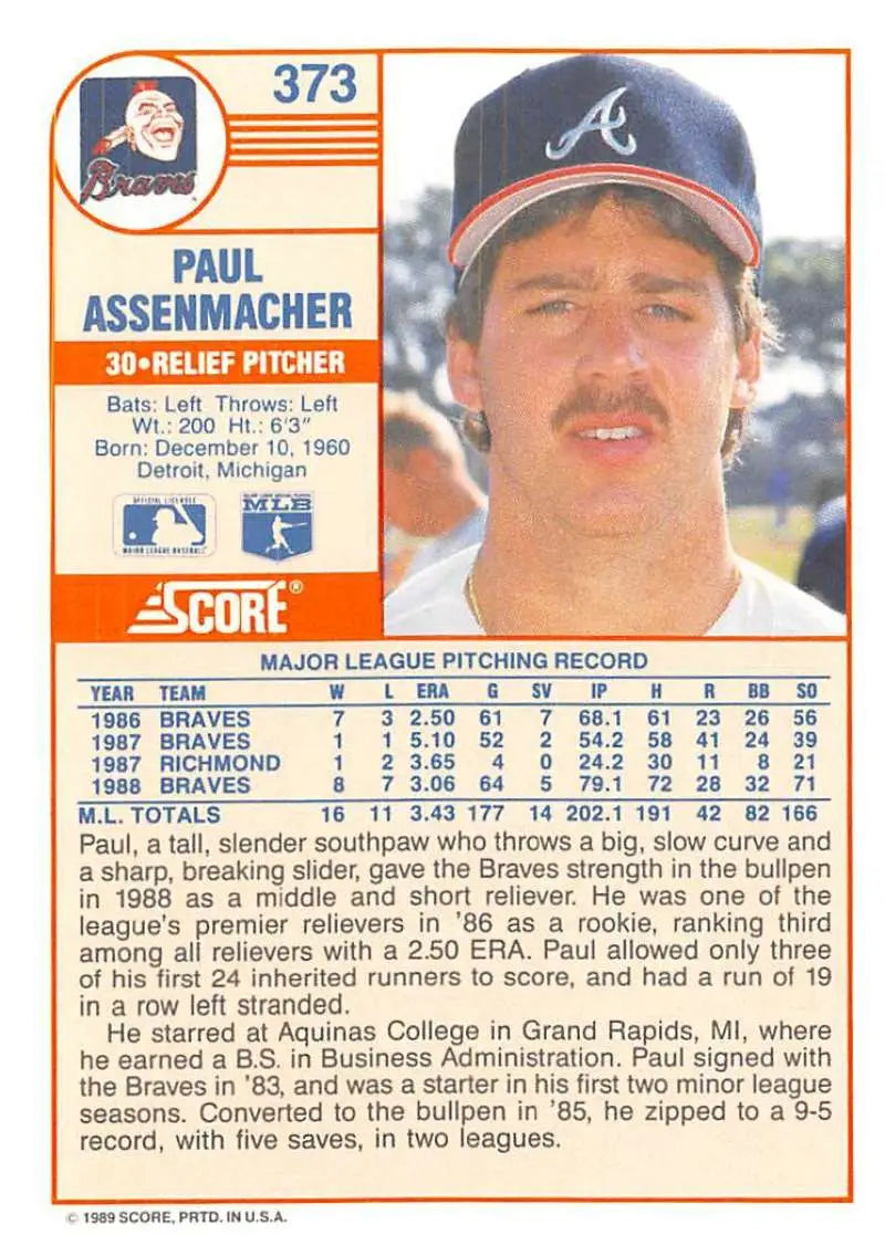 1989 Score #373 Paul Assenmacher NM-MT Atlanta Braves Baseball Card - Baseball Card Single
