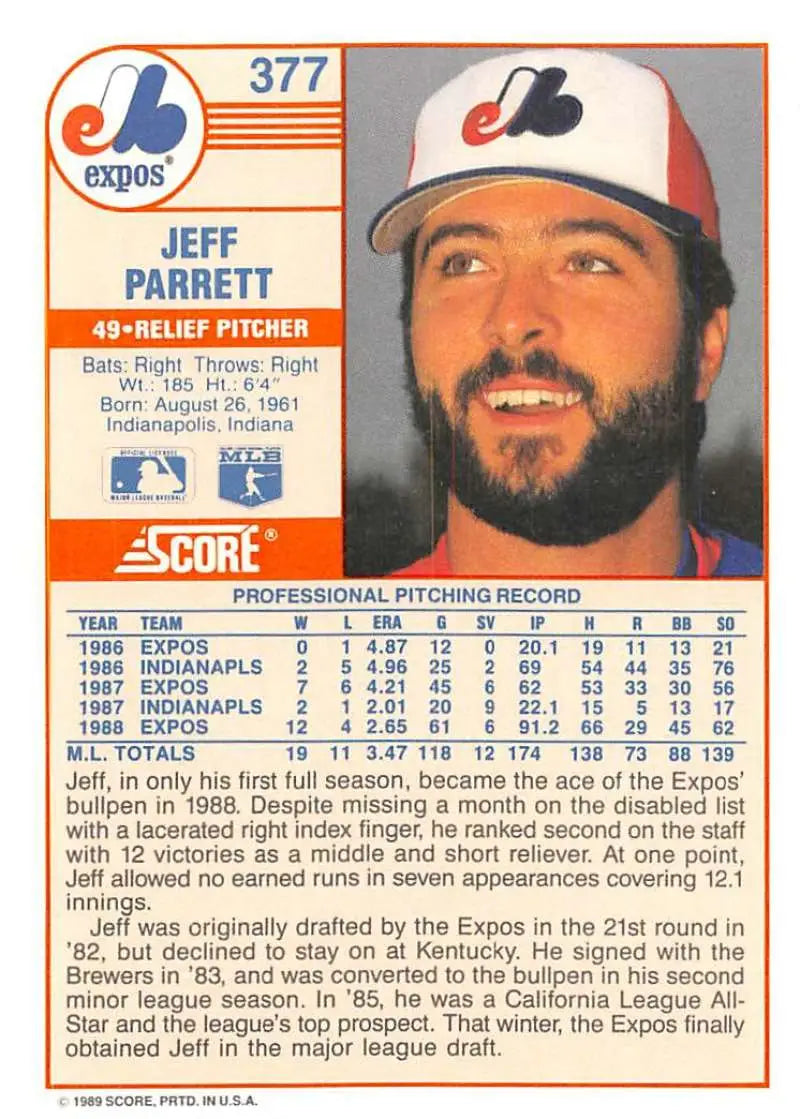 1989 Score #377 Jeff Parrett NM-MT Montreal Expos Baseball Card - Baseball Card Single