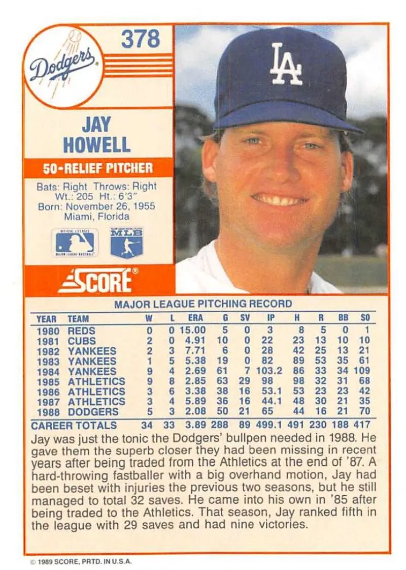 1989 Score #378 Jay Howell NM-MT Los Angeles Dodgers Baseball Card - Baseball Card Single
