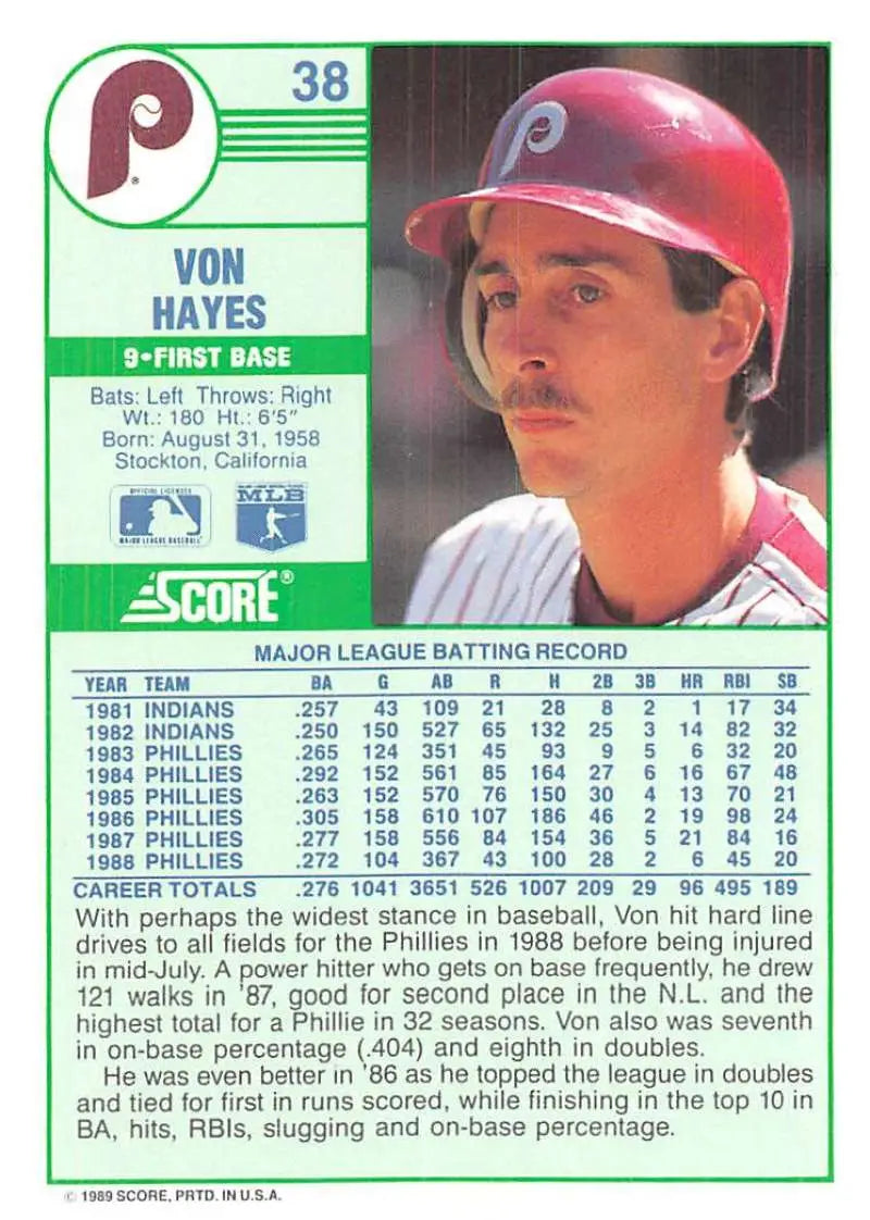 1989 Score #38 Von Hayes NM-MT Philadelphia Phillies Baseball Card - Baseball Card Single