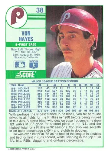1989 Score #38 Von Hayes NM-MT Phillies ID:80261 - Baseball Card Single