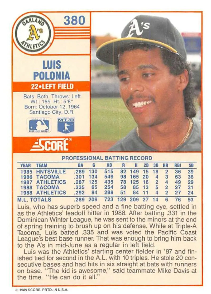 1989 Score #380 Luis Polonia NM-MT Oakland Athletics Baseball Card - Baseball Card Single
