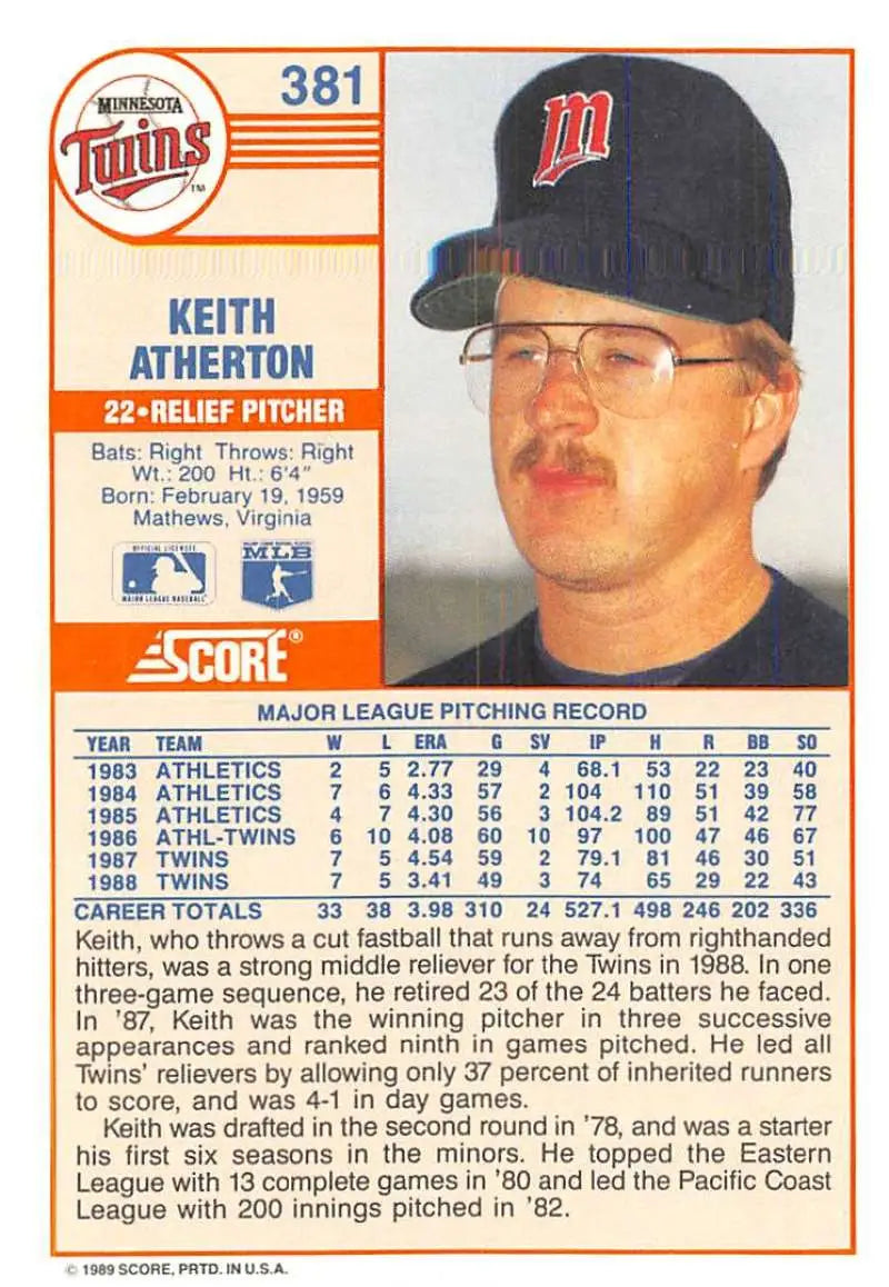 1989 Score #381 Keith Atherton NM-MT Minnesota Twins Baseball Card - Baseball Card Single