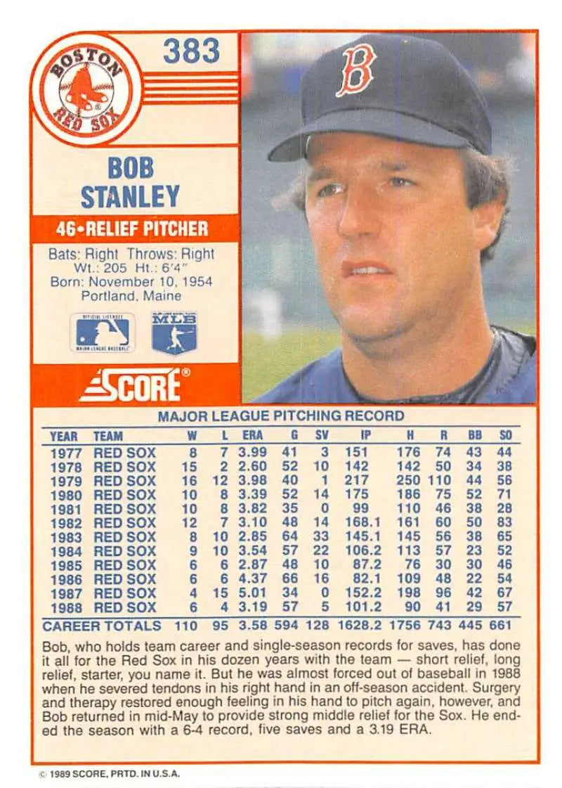 1989 Score #383 Bob Stanley NM-MT Boston Red Sox Baseball Card - Baseball Card Single