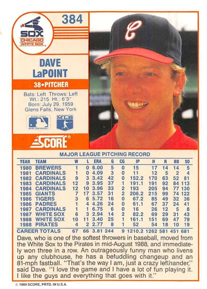 1989 Score #384 Dave LaPoint NM-MT Chicago White Sox Baseball Card - Baseball Card Single