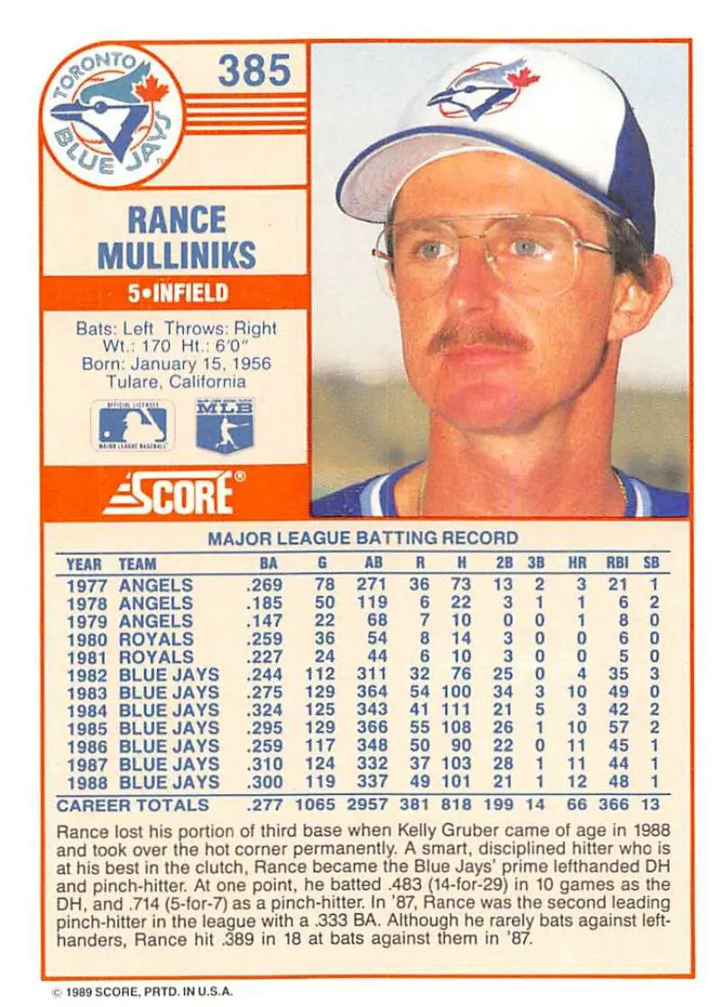 1989 Score #385 Rance Mulliniks NM-MT Toronto Blue Jays Baseball Card - Baseball Card Single