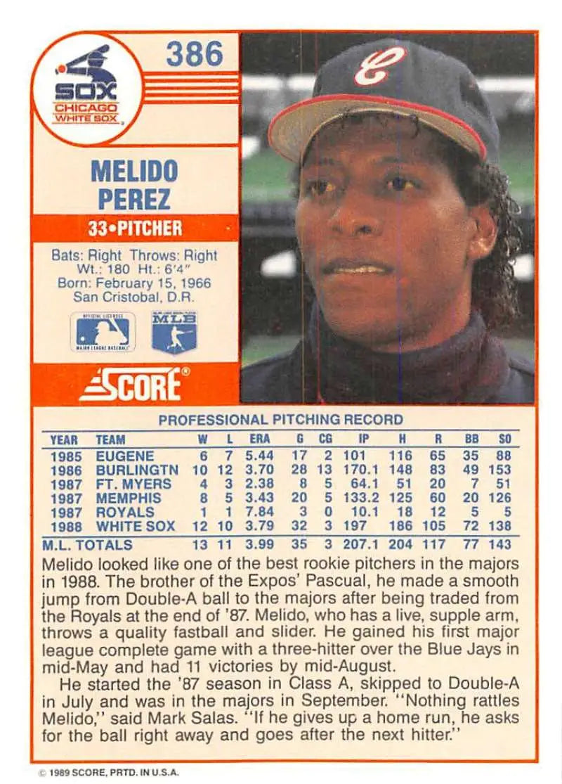 1989 Score #386 Melido Perez NM-MT Chicago White Sox Baseball Card - Baseball Card Single