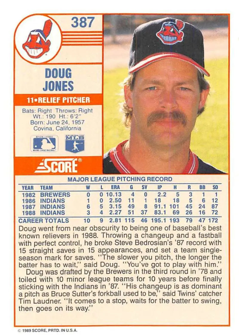 1989 Score #387 Doug Jones NM-MT Cleveland Indians Baseball Card - Baseball Card Single