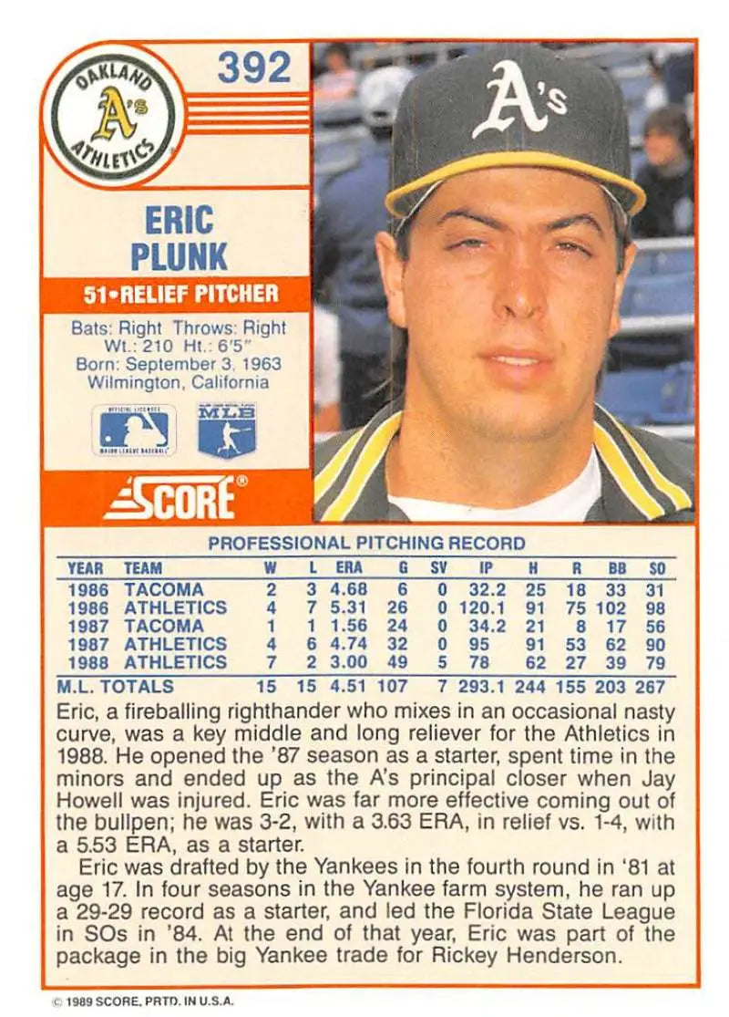 1989 Score #392 Eric Plunk NM-MT Oakland Athletics Baseball Card - Baseball Card Single