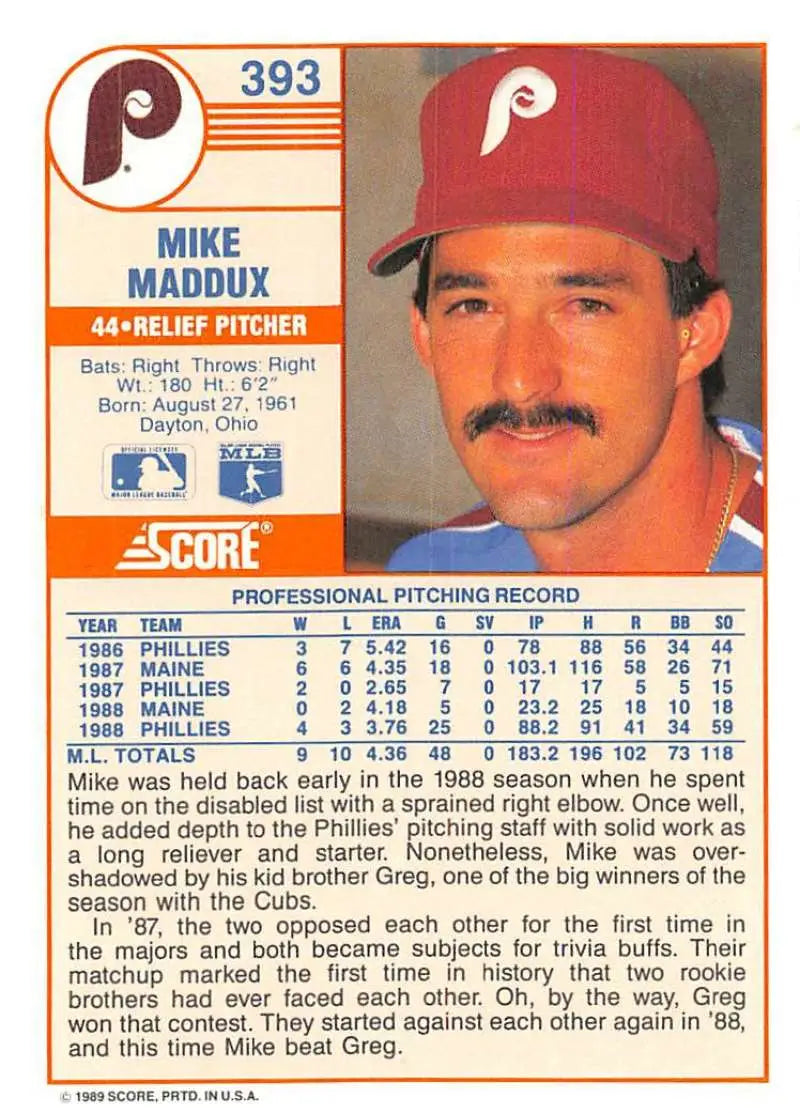 1989 Score #393 Mike Maddux NM-MT Philadelphia Phillies Baseball Card - Baseball Card Single