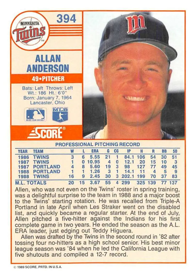 1989 Score #394 Allan Anderson NM-MT Minnesota Twins Baseball Card - Baseball Card Single