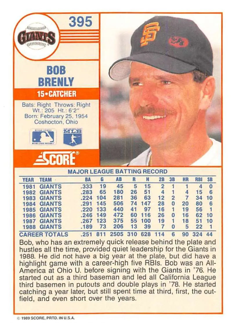 1989 Score #395 Bob Brenly NM-MT San Francisco Giants Baseball Card - Baseball Card Single