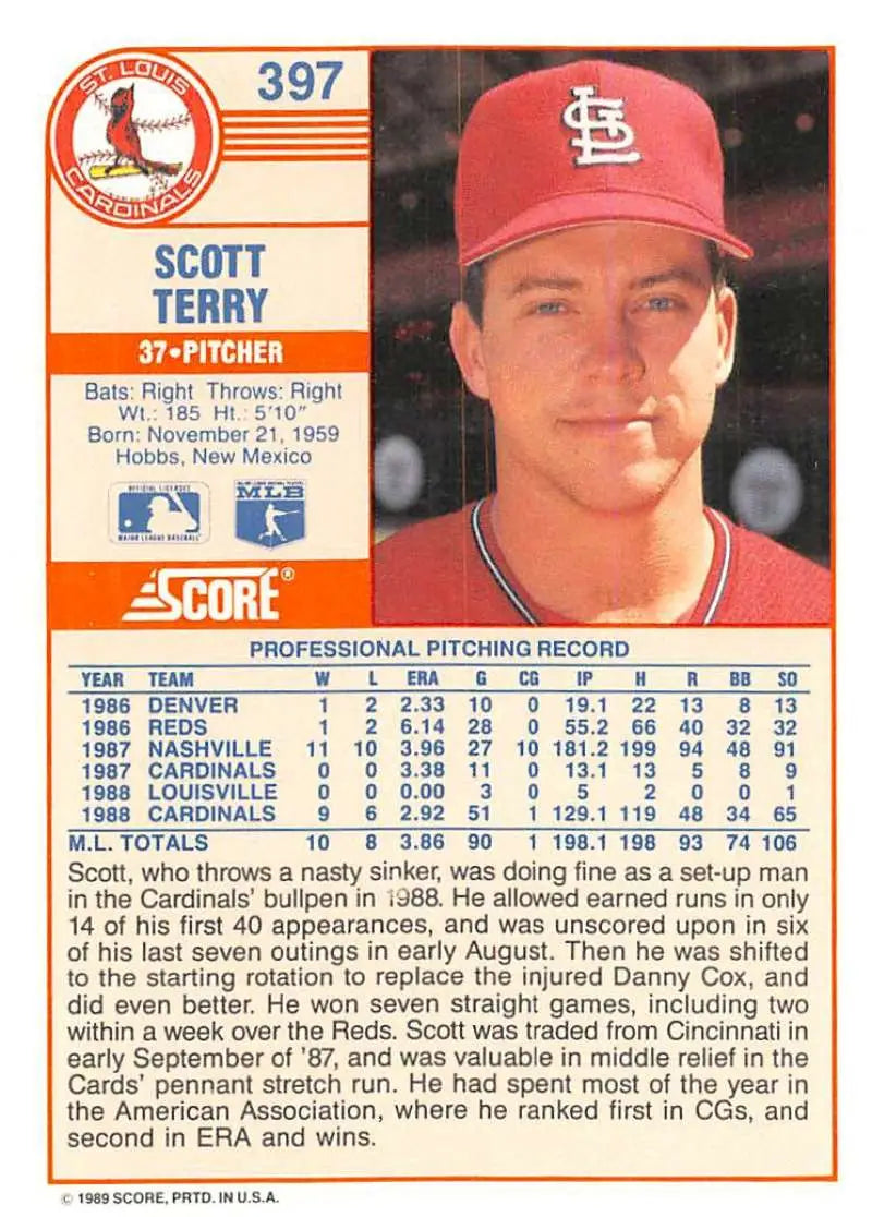 1989 Score #397 Scott Terry NM-MT St. Louis Cardinals Baseball Card - Baseball Card Single