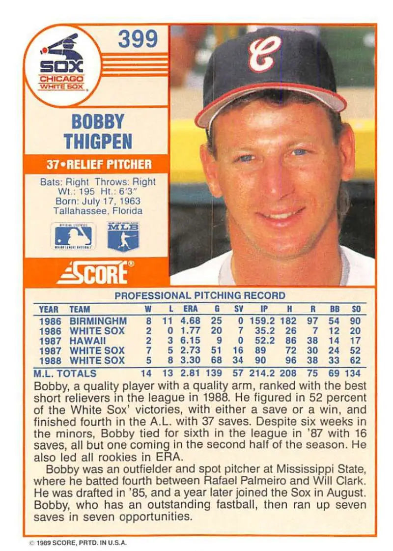 1989 Score #399 Bobby Thigpen NM-MT Chicago White Sox Baseball Card - Baseball Card Single
