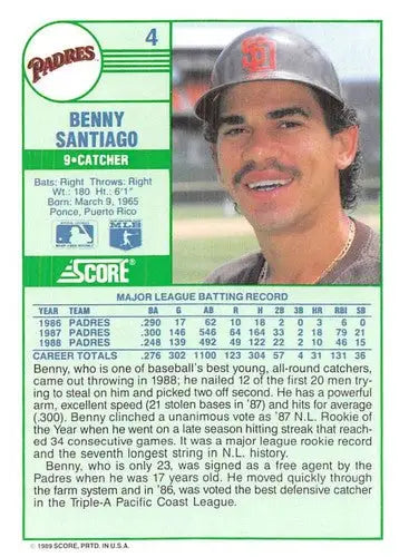 1989 Score #4 Benito Santiago NM-MT Padres ID:80247 - Baseball Card Single