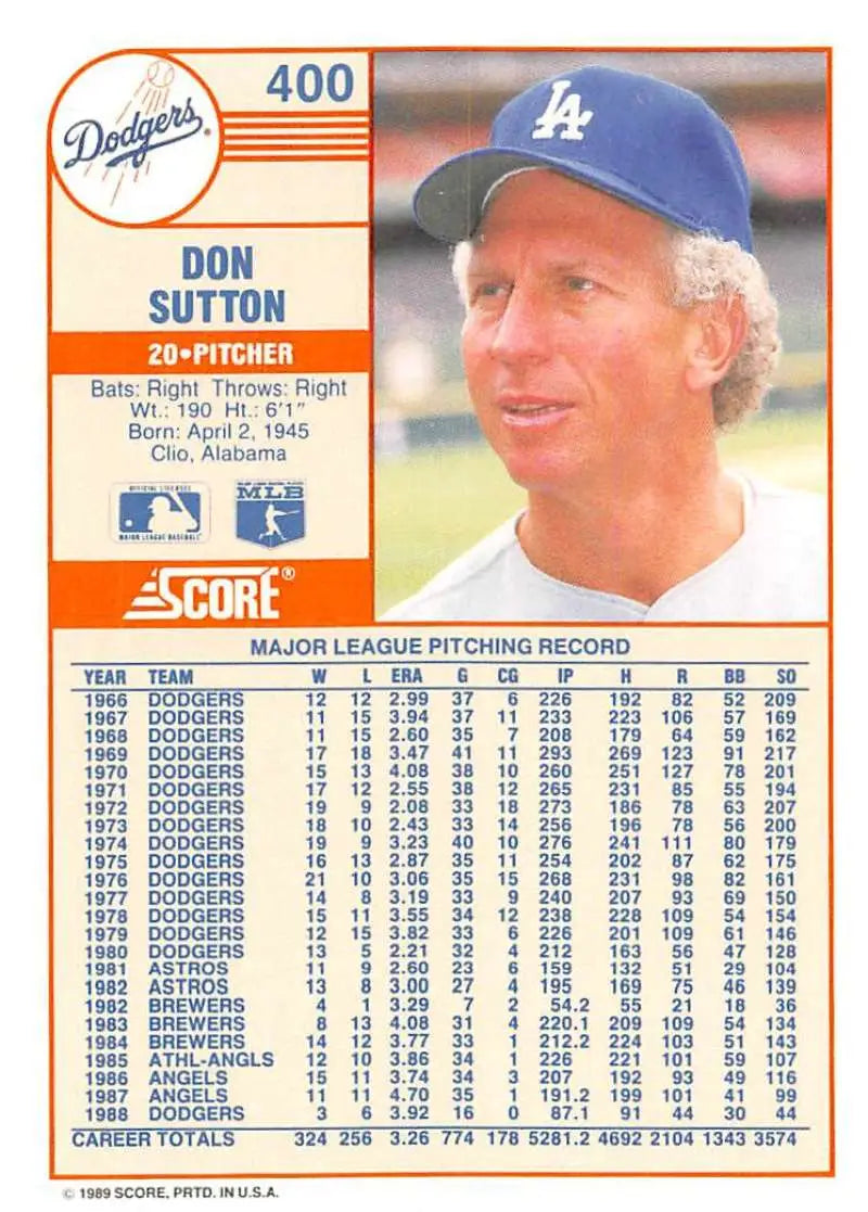 1989 Score #400 Don Sutton NM-MT Los Angeles Dodgers Baseball Card - Baseball Card Single