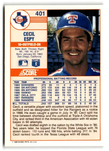 1989 Score #401 Cecil Espy EX/NM Rangers ID:66783 - Baseball Card Single