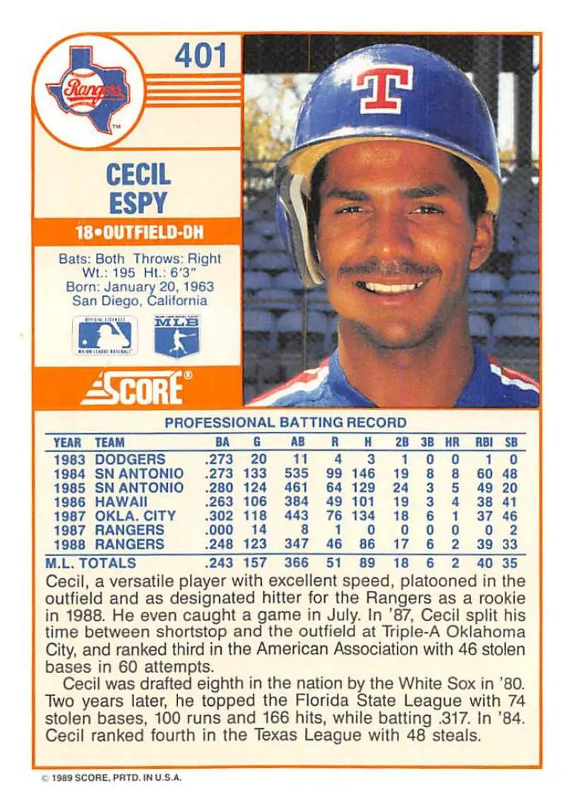 1989 Score #401 Cecil Espy NM-MT Texas Rangers Baseball Card - Baseball Card Single