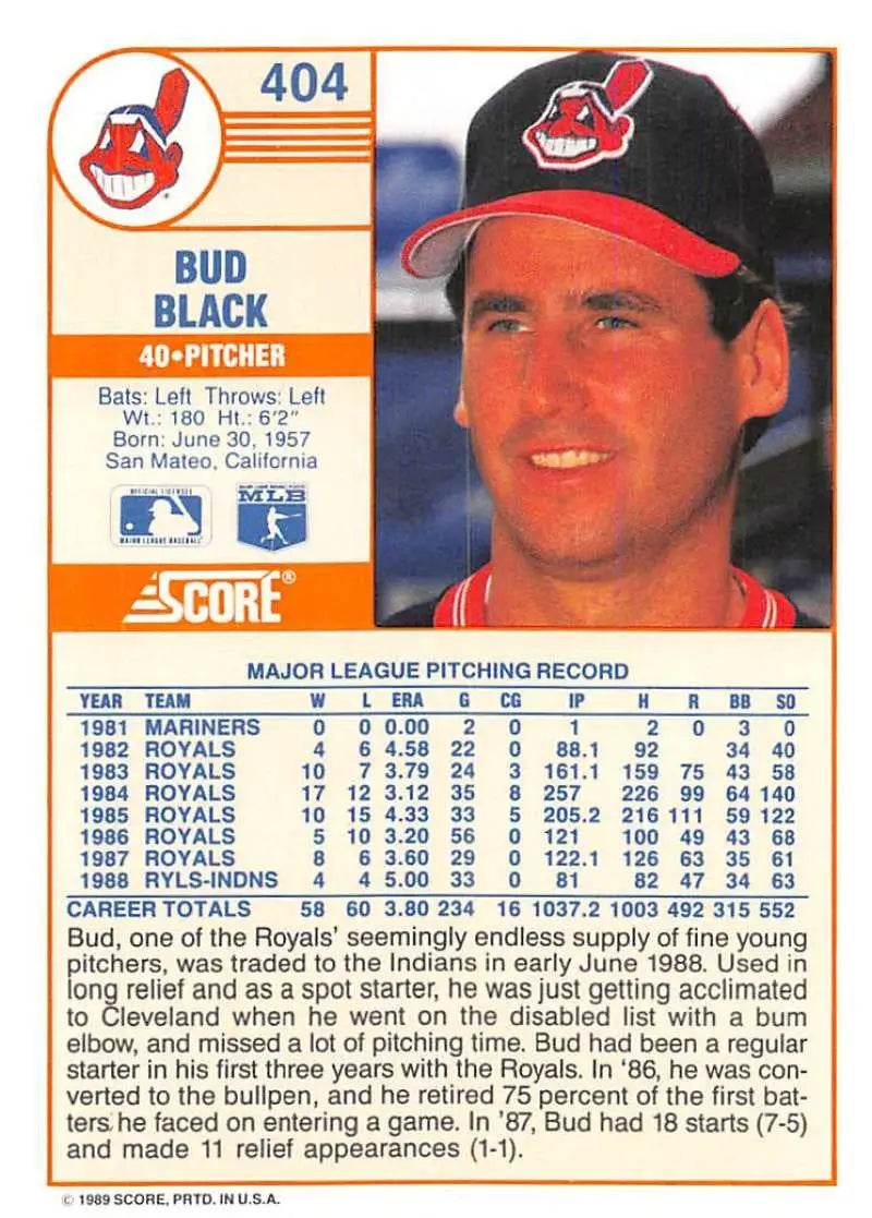 1989 Score #404 Bud Black NM-MT Cleveland Indians Baseball Card - Baseball Card Single