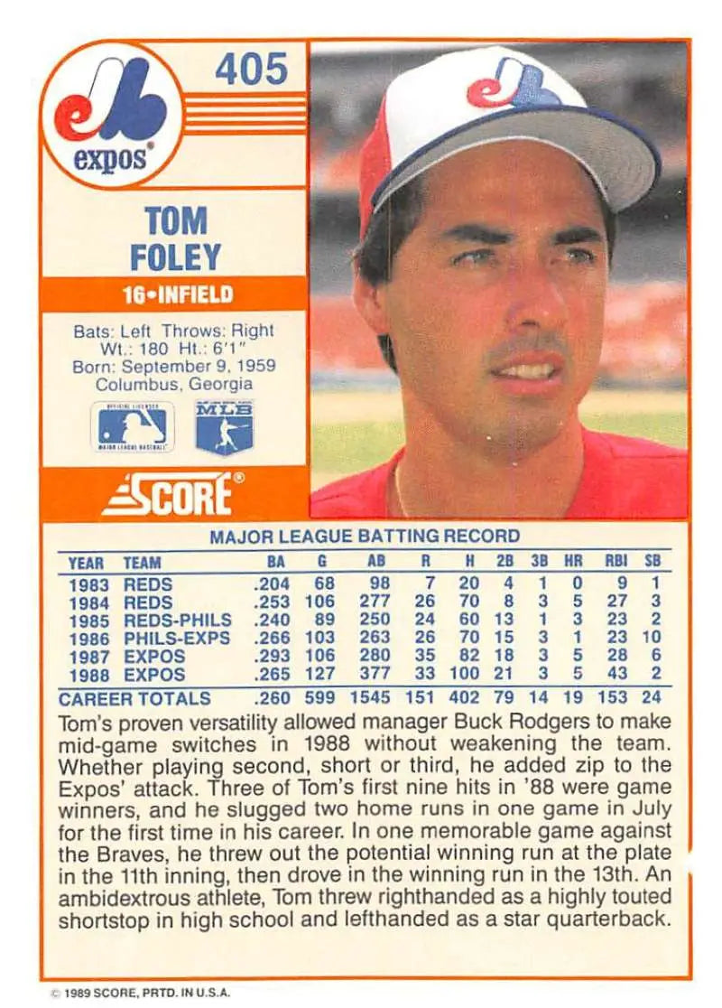 1989 Score #405 Tom Foley NM-MT Montreal Expos Baseball Card - Baseball Card Single