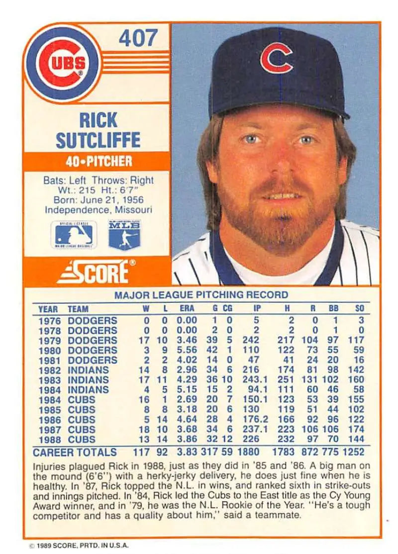 1989 Score #407 Rick Sutcliffe NM-MT Chicago Cubs Baseball Card - Baseball Card Single