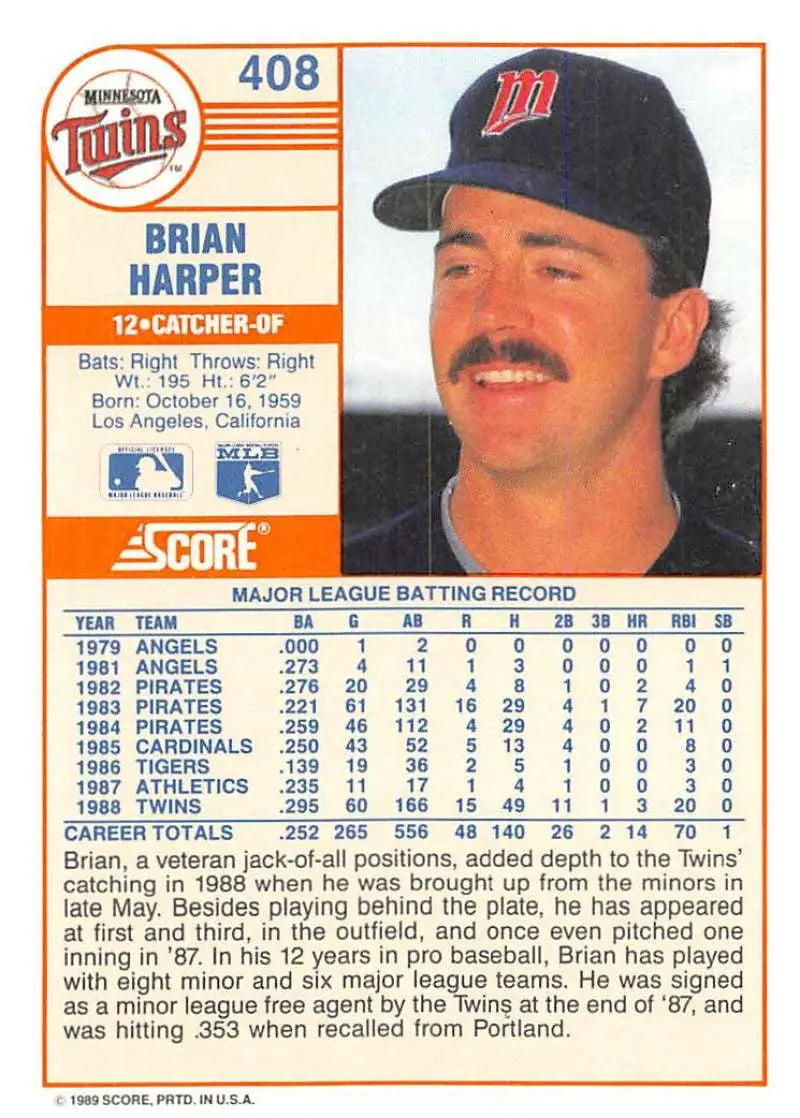 1989 Score #408 Brian Harper NM-MT Minnesota Twins Baseball Card - Baseball Card Single