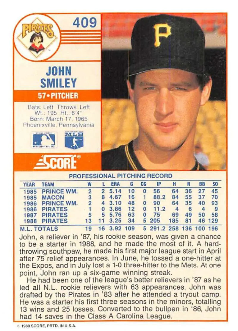 1989 Score #409 John Smiley NM-MT Pittsburgh Pirates Baseball Card - Baseball Card Single