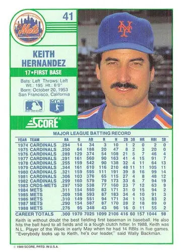 1989 Score #41 Keith Hernandez NM-MT Mets ID:80283 - Baseball Card Single