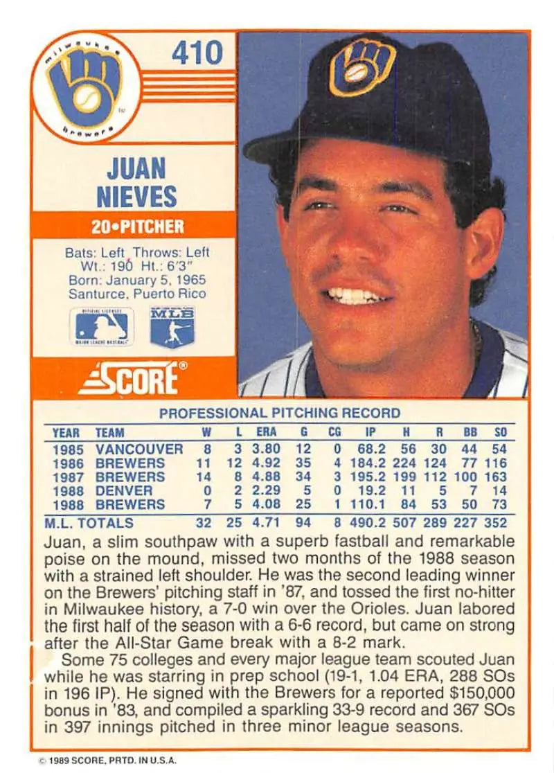1989 Score #410 Juan Nieves NM-MT Milwaukee Brewers Baseball Card - Baseball Card Single