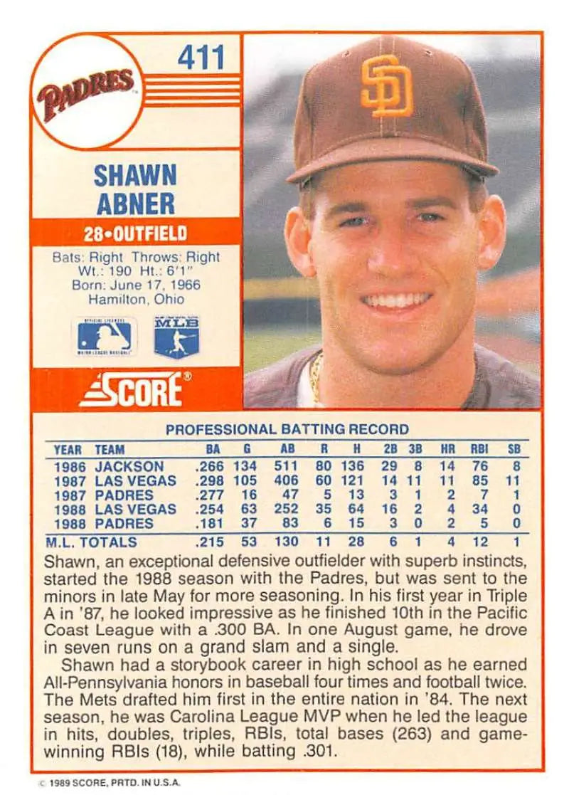 1989 Score #411 Shawn Abner NM-MT San Diego Padres Baseball Card - Baseball Card Single