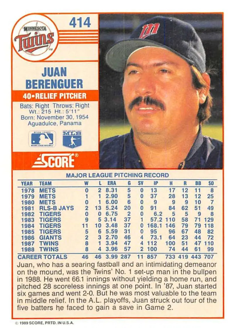 1989 Score #414 Juan Berenguer NM-MT Minnesota Twins Baseball Card - Baseball Card Single