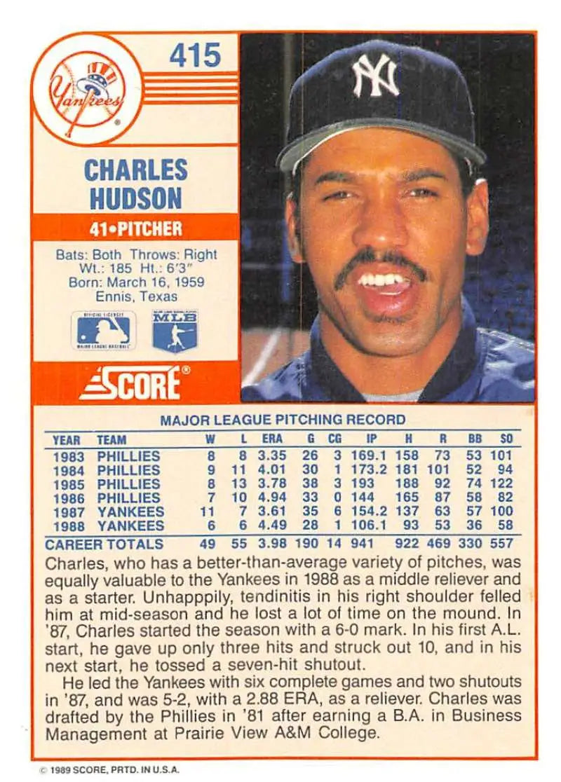 1989 Score #415 Charles Hudson NM-MT New York Yankees Baseball Card - Baseball Card Single