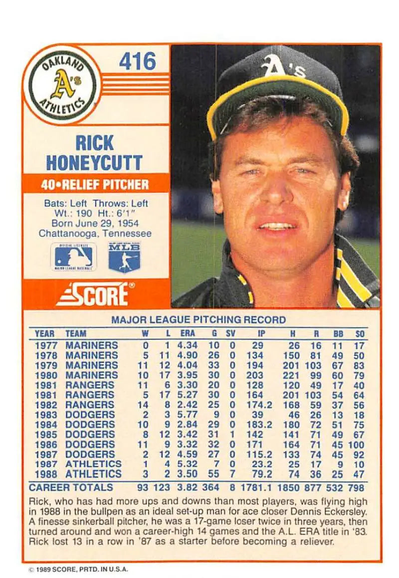 1989 Score #416 Rick Honeycutt NM-MT Oakland Athletics Baseball Card - Baseball Card Single