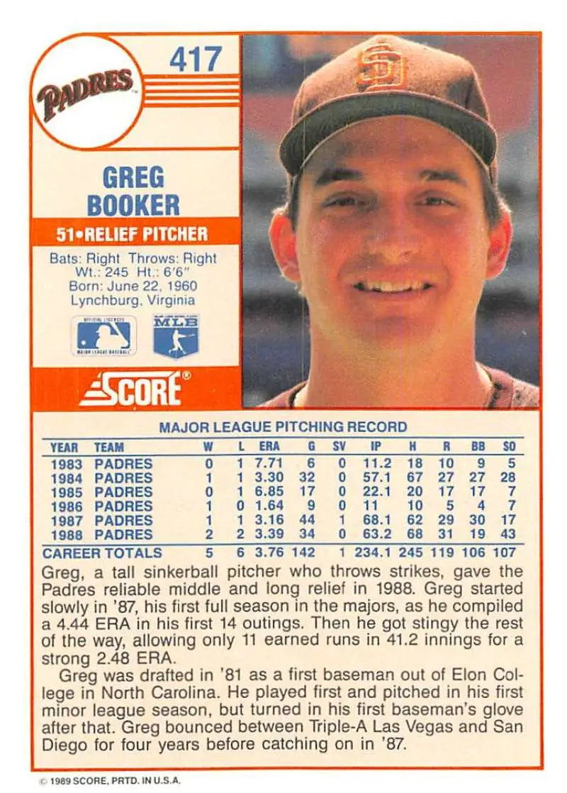 1989 Score #417 Greg Booker NM-MT San Diego Padres Baseball Card - Baseball Card Single