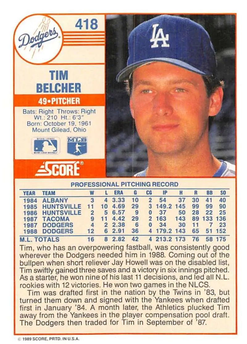 1989 Score #418 Tim Belcher NM-MT Los Angeles Dodgers Baseball Card - Baseball Card Single
