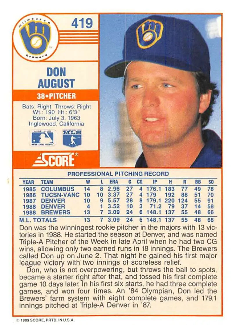 1989 Score #419 Don August NM-MT Milwaukee Brewers Baseball Card - Baseball Card Single