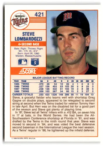 1989 Score #421 Steve Lombardozzi EX/NM Twins ID:66763 - Baseball Card Single
