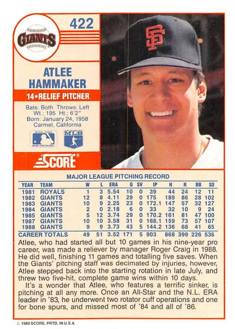 1989 Score #422 Atlee Hammaker NM-MT San Francisco Giants Baseball Card - Baseball Card Single