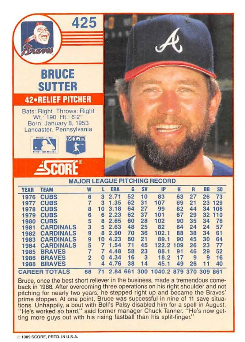 1989 Score #425 Bruce Sutter NM-MT Atlanta Braves Baseball Card - Baseball Card Single