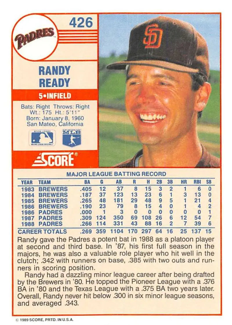 1989 Score #426 Randy Ready NM-MT San Diego Padres Baseball Card - Baseball Card Single