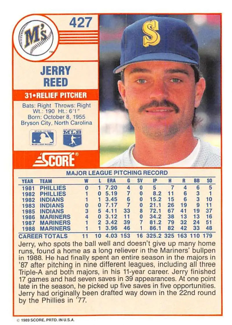 1989 Score #427 Jerry Reed NM-MT Seattle Mariners Baseball Card - Baseball Card Single